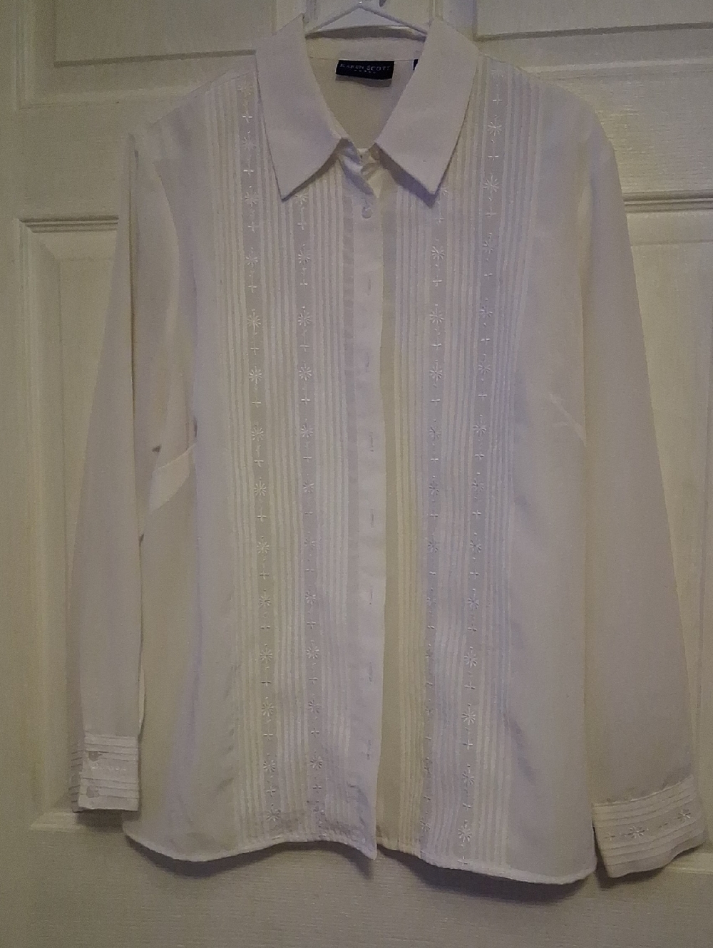 Karen Scott Embroidered Pintuck Button-Up Blouse in White